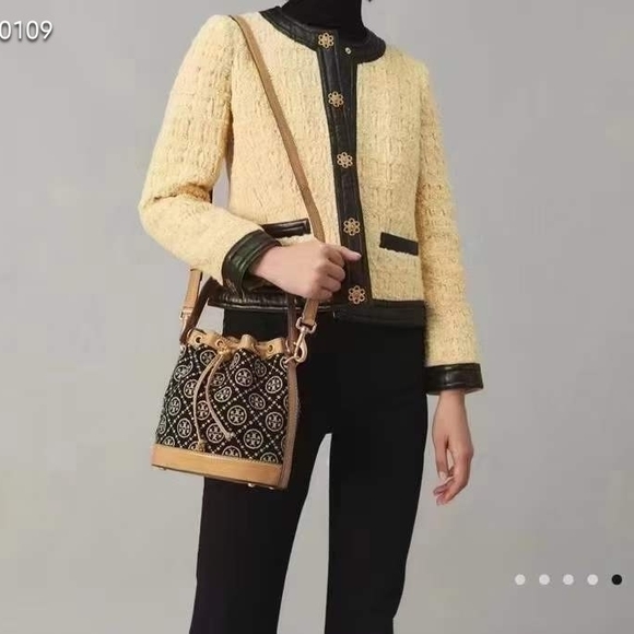 Tory Burch T Monogram Black and Beige Bucket Bag